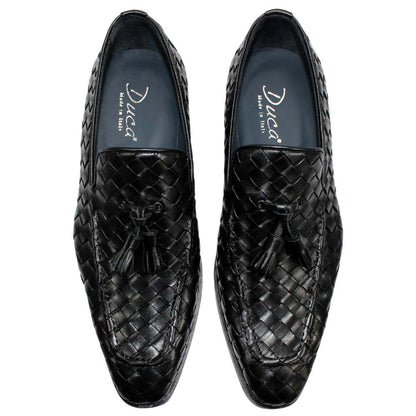 DUCA Tirrenea Black Men's Italian Woven Leather Tassel Loafers