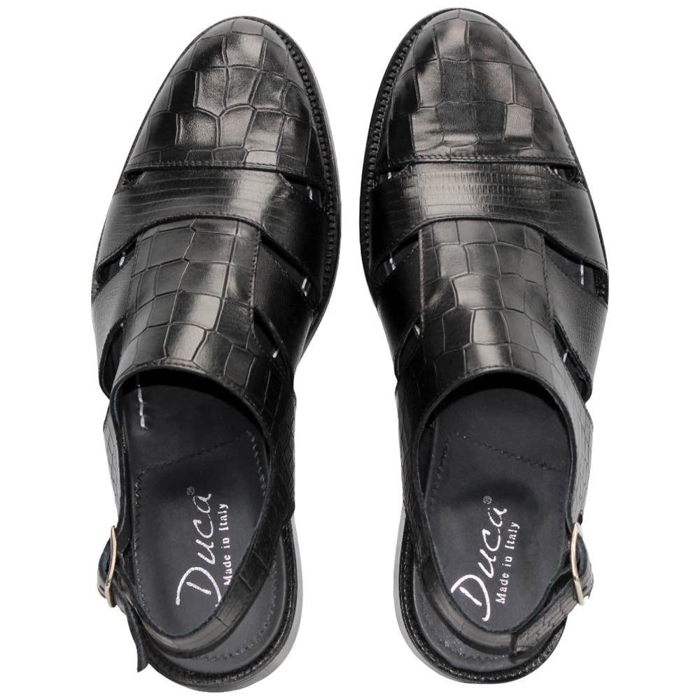Positano Black Calfskin Crocodile Print Leather Sandal | Duca Dress Sandals