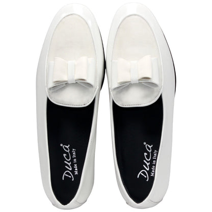 Amalfi White Velvet & Patent Leather Slip on | Duca Bow Dress Loafers