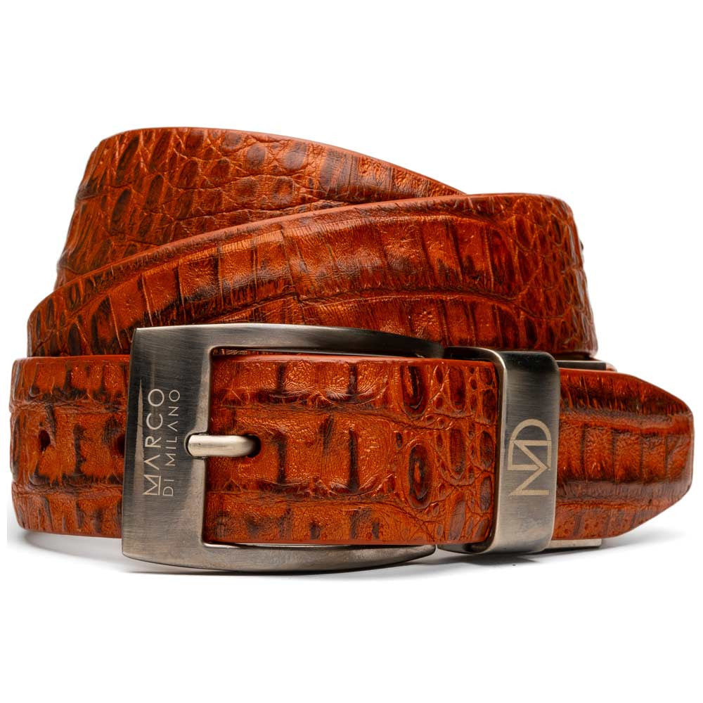 Riccardo Genuine Exotic Caiman Fuscus-Belly Brandy Belt with a Chrome Buckle | Marco Di Milano Exotic Belt