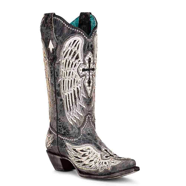 Corral Black and White Glittered Cross and Wings Boots