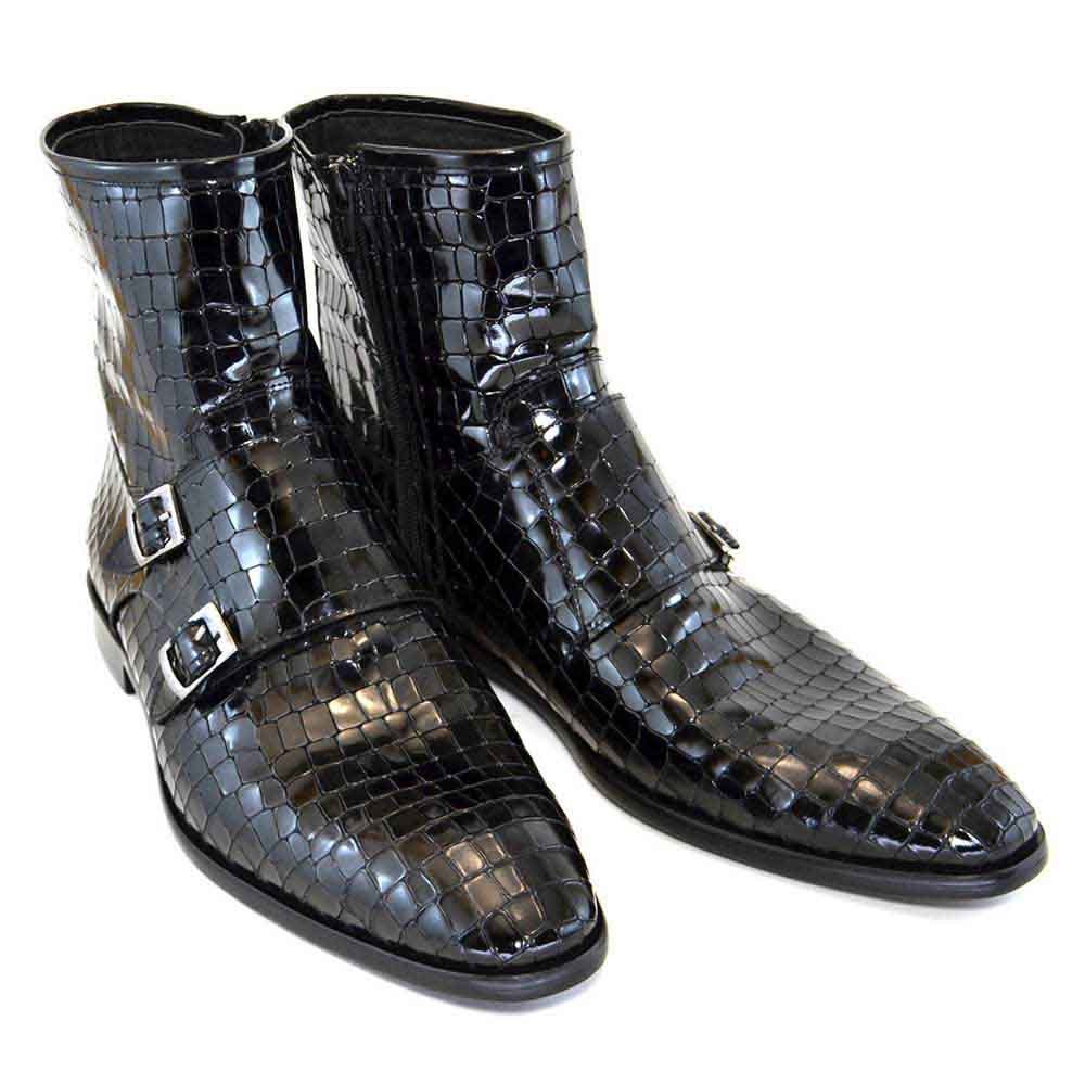 Corrente Black Leather Crocodile Print Men's Double Buckle Zipper Boot