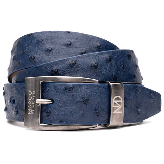 Domenico Men’s Genuine Exotic Ostrich Belts With Brushed Chrome Buckle | Marco Di Milano Exotic Belt in Navy