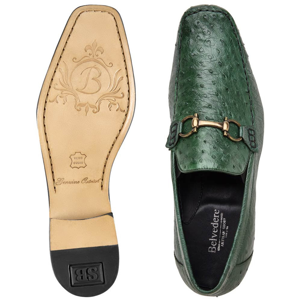 Belvedere Men’s Bartolo Full Quill Ostrich Forest Green Moc Toe Slip-On Dress Loafer