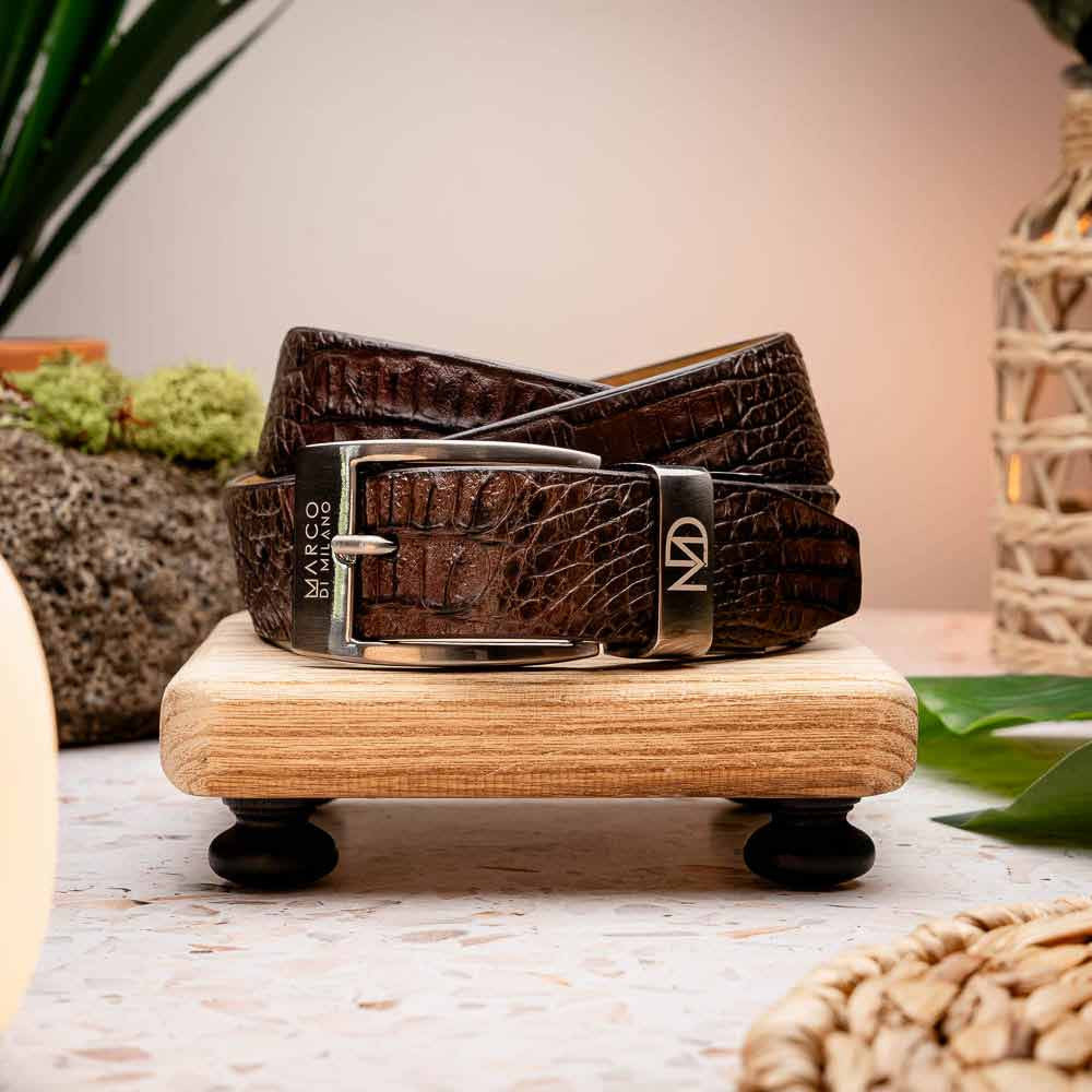 Riccardo Genuine Exotic Caiman Fuscus-Belly Brown Belt with a Chrome Buckle | Marco Di Milano Exotic Belt