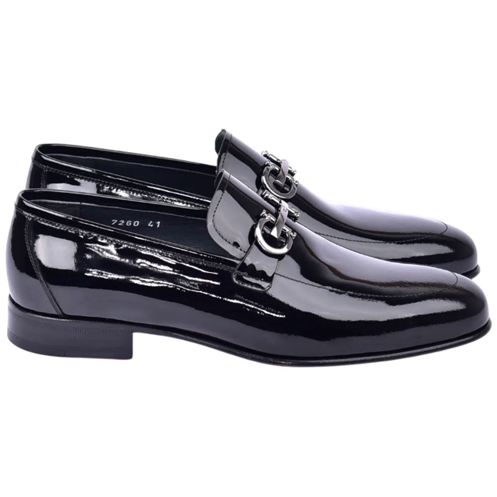 Corrente Men’s Buckled Black Patent Leather Round Toe Buckled Loafer