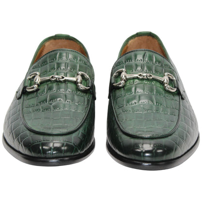 Duca Vasto Men's Green Croco Print Leather Loafers