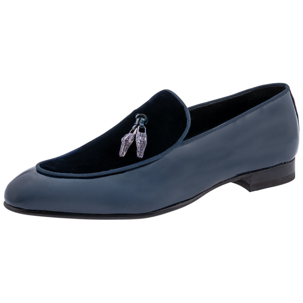 MAURI Shoes Men’s Bliss Wonder Blue Patent Leather & Velvet Tassel Moc Toe Luxury Dress Loafers