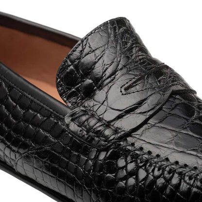Mezlan Armano Moc Toe Black Crocodile Leather Moccasin Dress Shoes