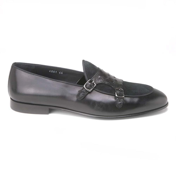 Corrente Black Leather Men’s Vamp Double Monk Strap Shoes