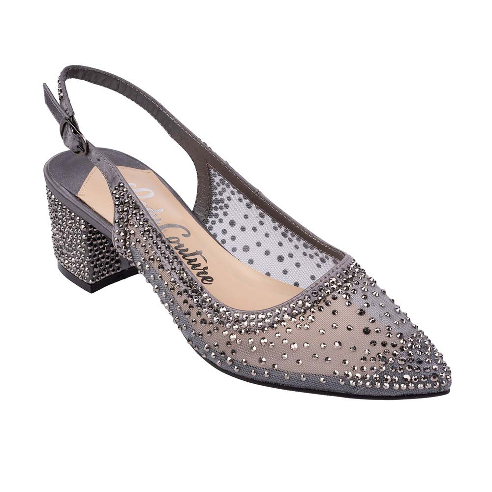 Lady Couture DEMI Pewter Rhinestone Mesh Slingback Block with 2.5-Inch Heel