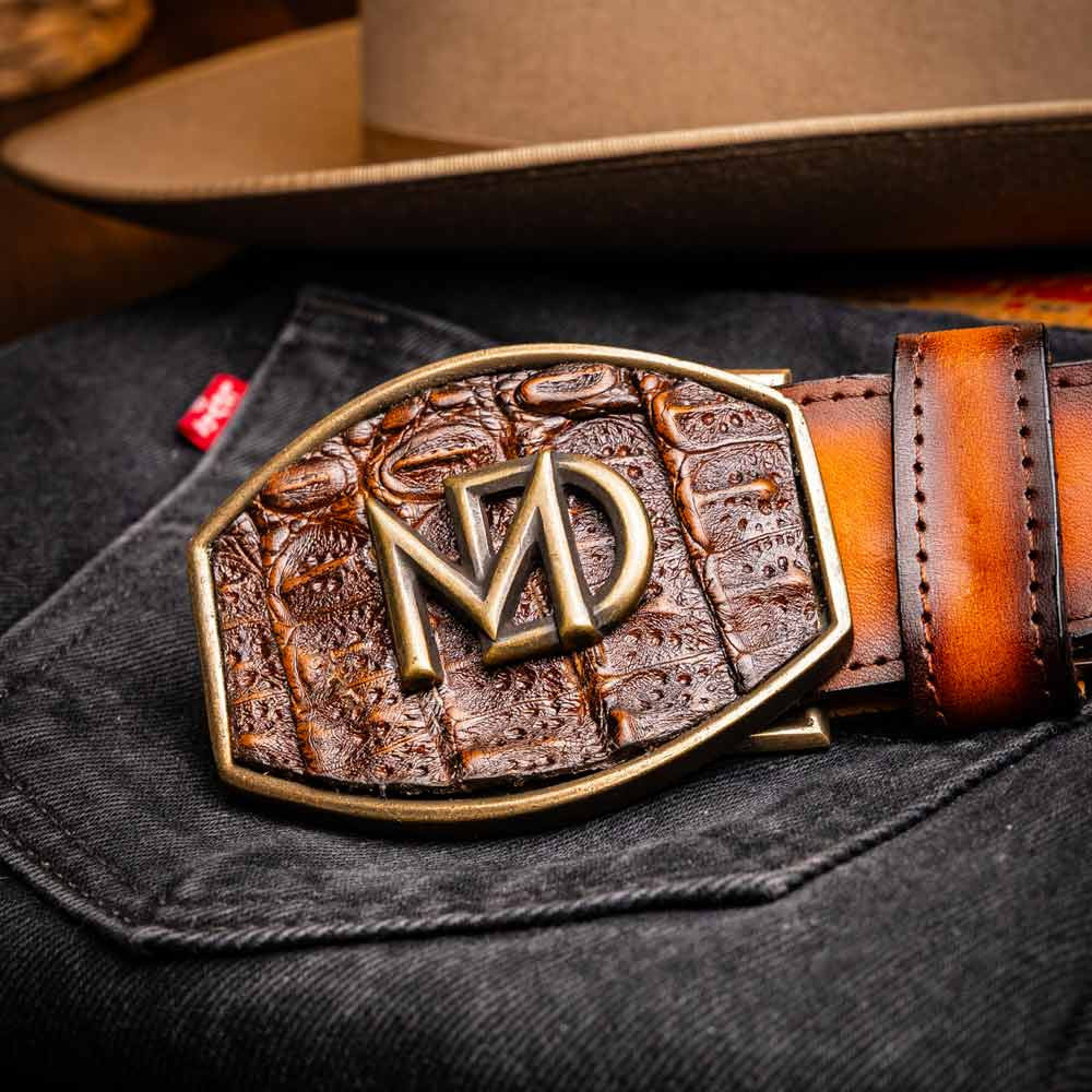 Texas Genuine Caiman Crocodile Skin Belt in Aged Brown with Antique Western Buckle | Marco Di Milano Exotic Belt