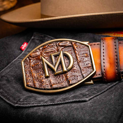 Texas Genuine Caiman Crocodile Skin Belt in Aged Brown with Antique Western Buckle | Marco Di Milano Exotic Belt