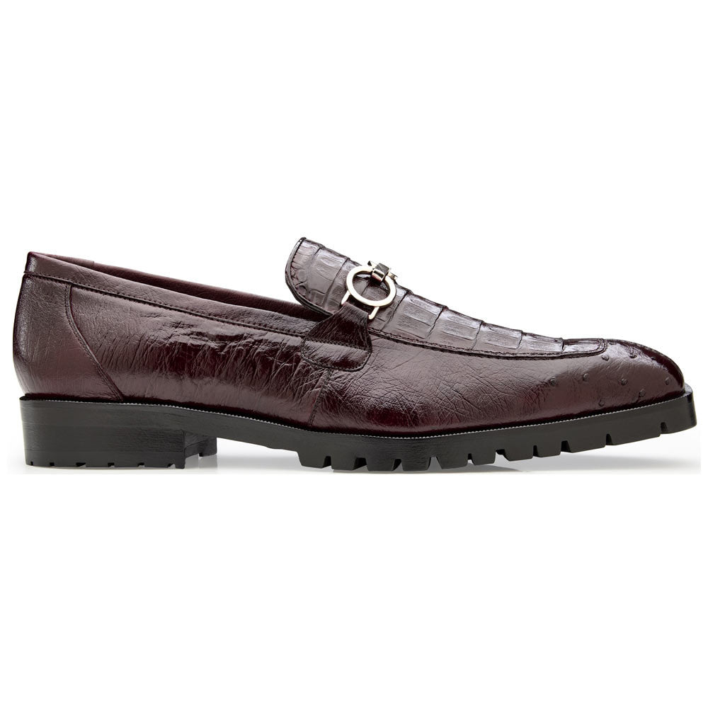 Belvedere Men's Genuine Caiman and Ostrich Quill Burgundy Loafer - Corso