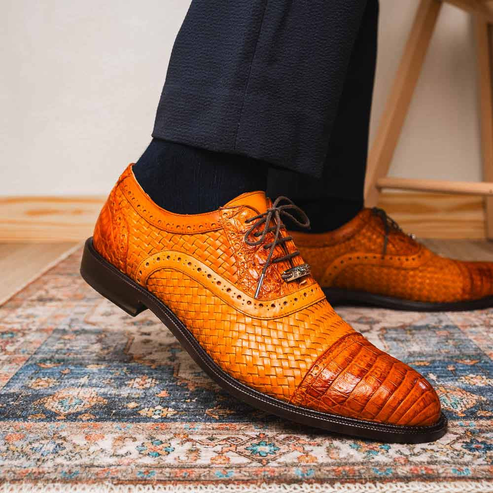 John Brandy Men’s Woven calfskin Genuine Caiman Crocodile Cap Toe Oxford | Marco Di Milano