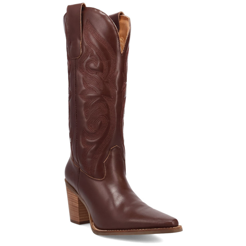 Hensley Leather Brown-on-Brown Embroidered Wooden Block Heel Snip Toe Women Boot | Dingo Western Cowgirl Boots