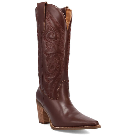 Hensley Leather Brown-on-Brown Embroidered Wooden Block Heel Snip Toe Women Boot | Dingo Western Cowgirl Boots