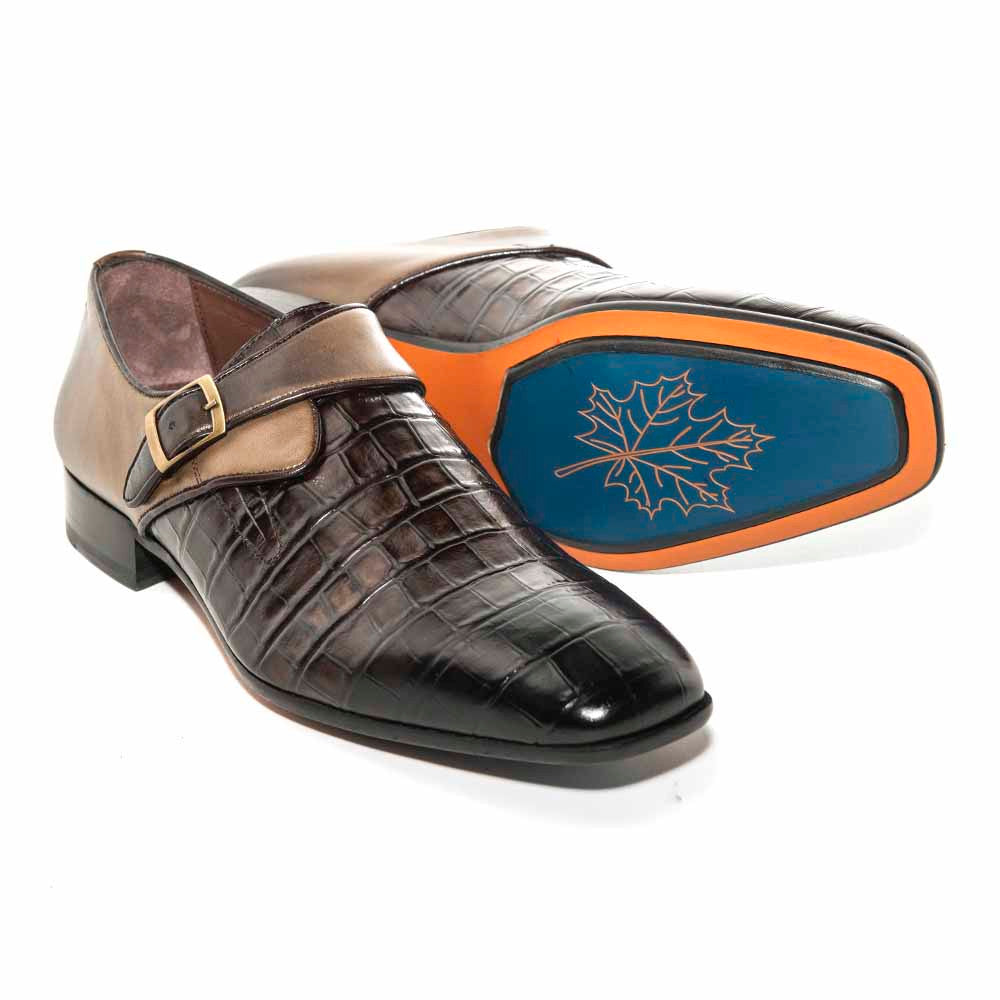Sigotto Uomo Brown Crocodile-Embossed Single Monk Strap Dress Shoe