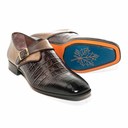 Sigotto Uomo Brown Crocodile-Embossed Single Monk Strap Dress Shoe