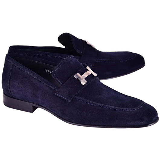 CORRENTE Navy Blue Suede Leather with H Bit Leather Sole Loafer for Men