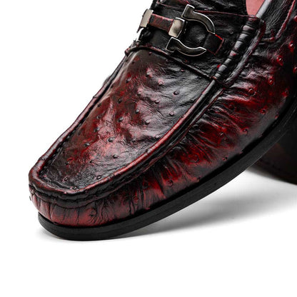 Ferrioni Black Cherry Genuine Ostrich Moc Toe Bit Loafers | MARCO DI MILANO