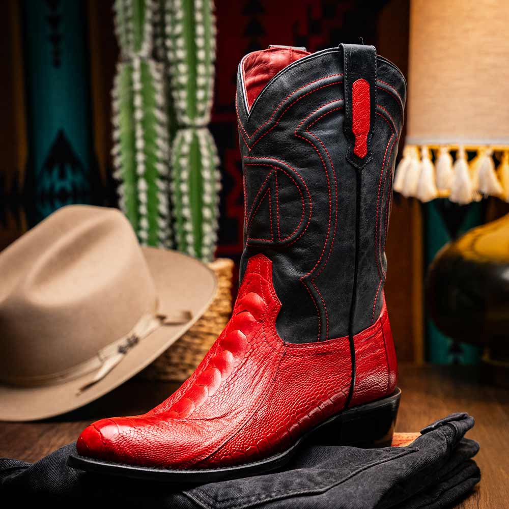 Denver Genuine Ostrich Leg Skin Red Cowboy Boot | Marco Di Milano Western Boots
