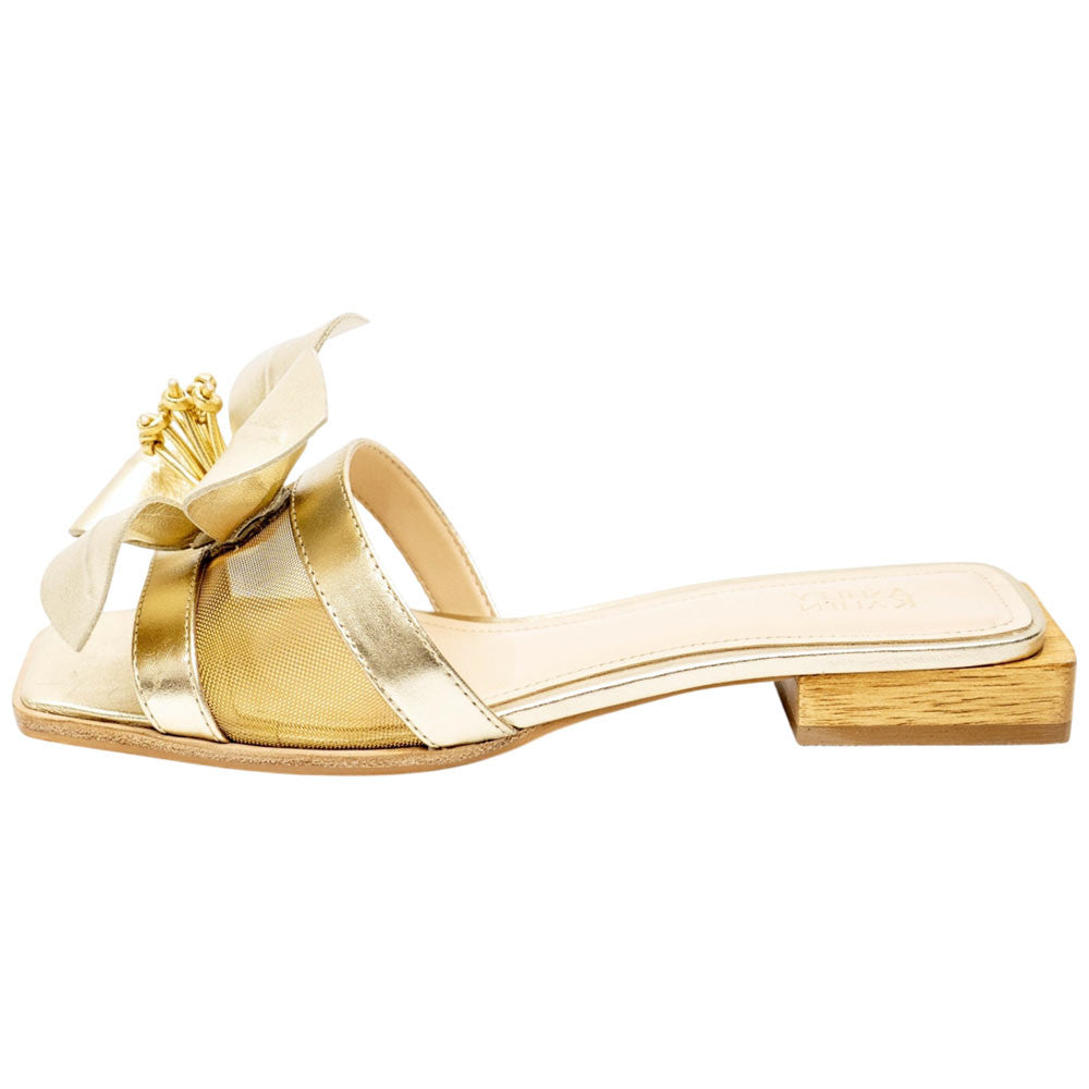 Lady Couture Women's Blossom Gold Leather Slide Sandals