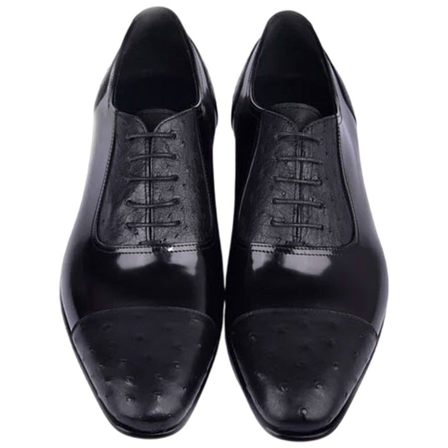 Corrente Men’s Black Ostrich Skin and Leather Cap Toe Shoe