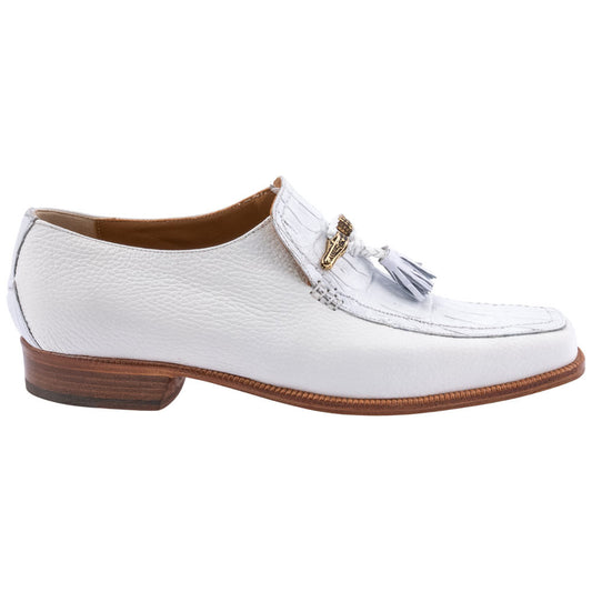 MAURI Shoes Men’s Square Toe Tassel Slip-On White Time Leather & Baby Crocodile Luxury Dress Loafers