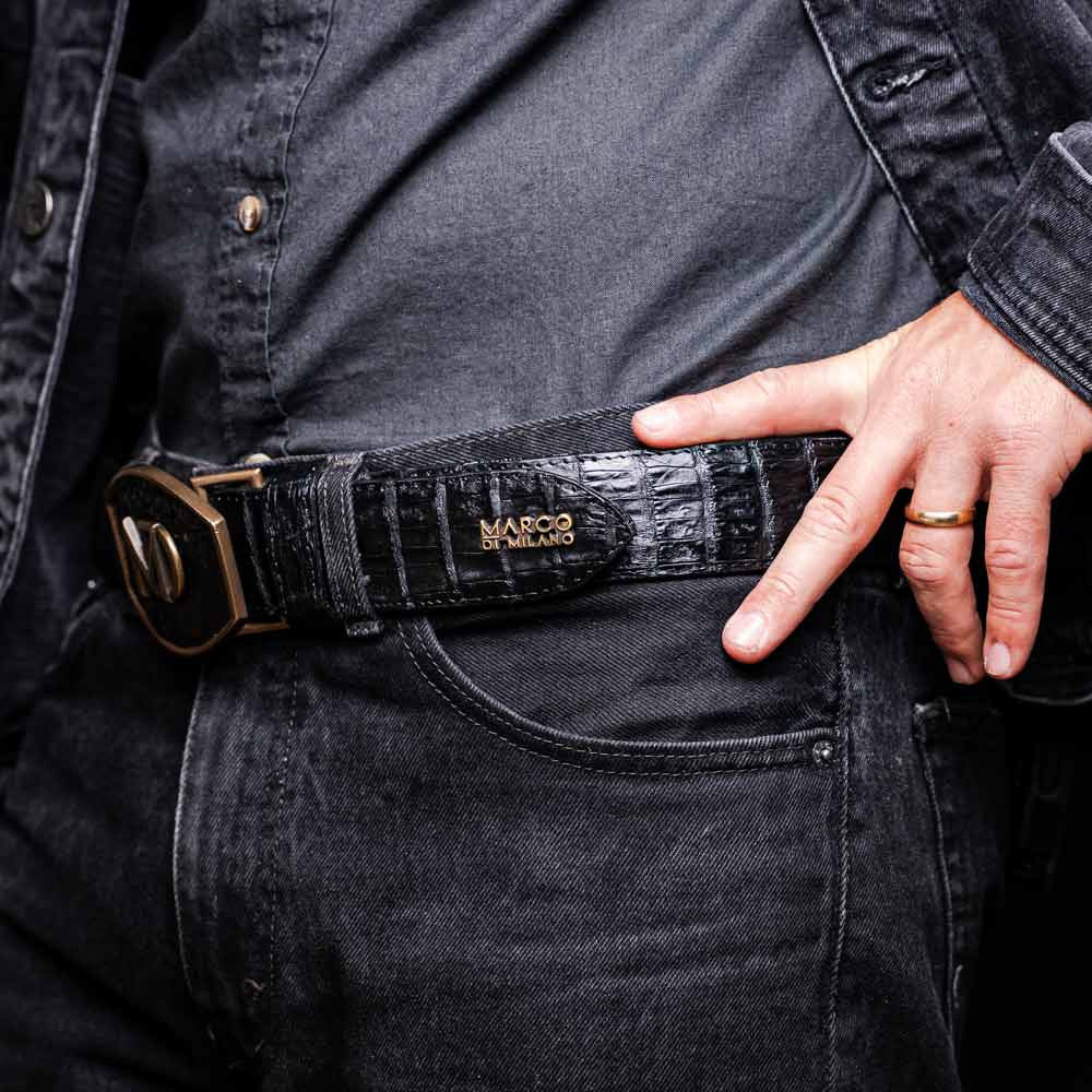 Iowa Genuine Caiman Crocodile Skin Belt in Black with Antique Western Buckle | Marco Di Milano Exotic Belt