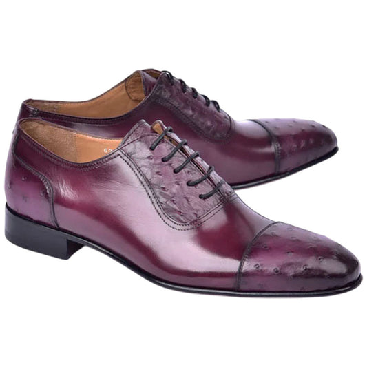 Corrente Men’s Genuine Ostrich Leather Burgundy Cap Toe Dress Shoe