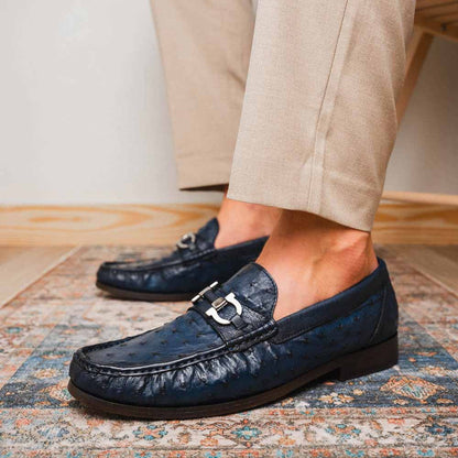 Ferrioni Men’s Genuine Ostrich Moc Toe Bit Loafers | Marco Di Milano in Navy