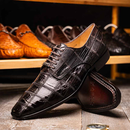 Pissa Brown Men’s Genuine Crocodile and Lizard Skin Patchwork Derby