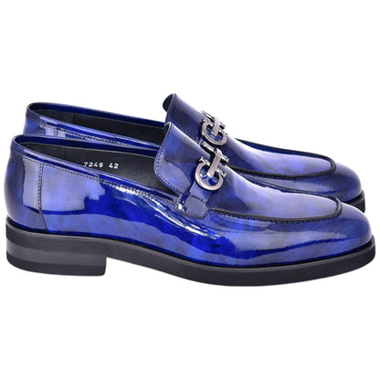 Corrente Men’s Glossy Finish Marble Blue Low Cut Buckle Round Toe Loafer