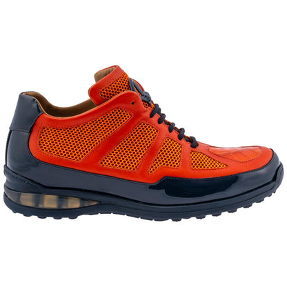 MAURI Shoes Men’s Grid Sneaker Orange White Patent, Calfskin, Baby Crocodile & Mesh Luxury Sneakers with Matching Belt