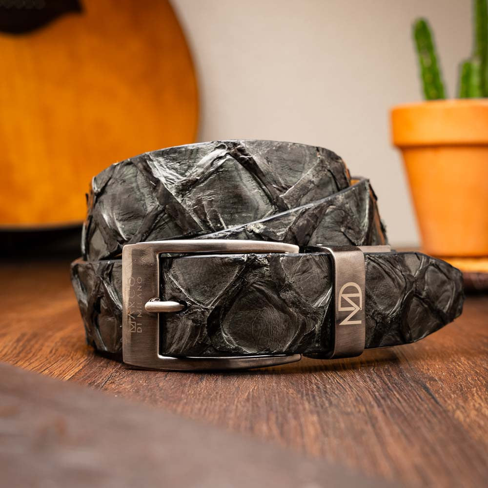 Oliveri Genuine Pirarucu Skin Gray Belt with a Silver Buckle | Marco Di Milano Exotic Belt