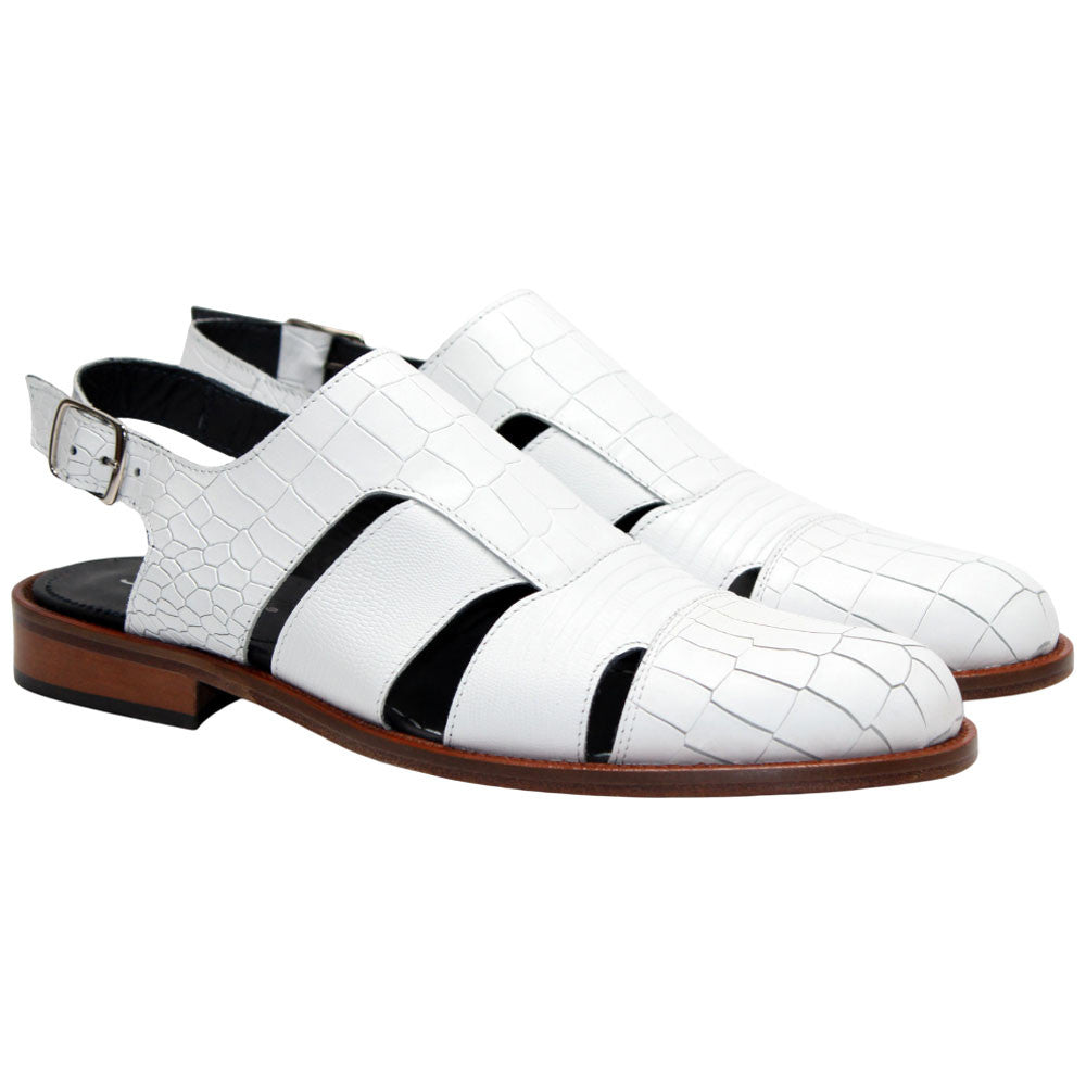 Positano White Calfskin Crocodile Print Leather Sandal | Duca Dress Sandals