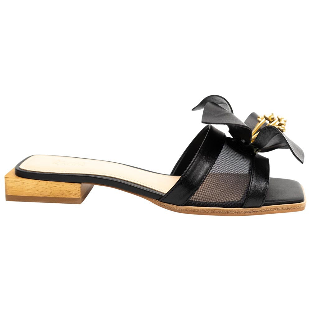Lady Couture Women's Blossom Black Leather Slide Sandals