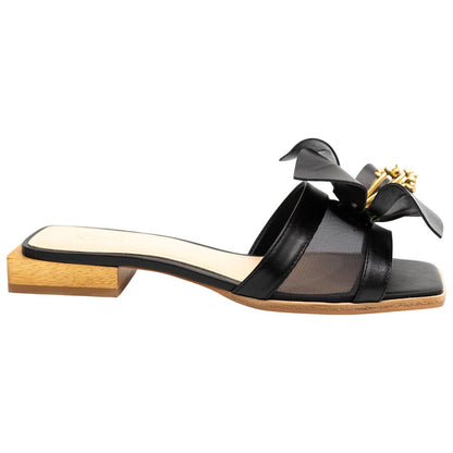 Lady Couture Women's Blossom Black Leather Slide Sandals