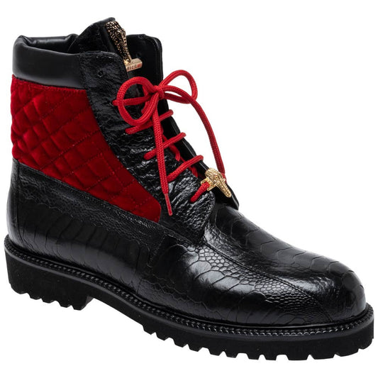 Mauri Men's Ostrich Leg & Quilt Velvet HAWK Black/Red Combat Boots (US Men Size)
