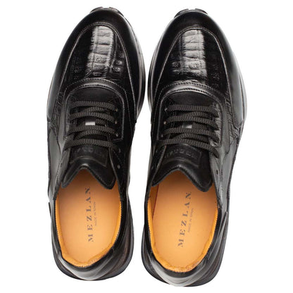 Mezlan Beckton Men's Black Patina Calfskin & Crocodile Dress Sneaker - Handmade in Spain