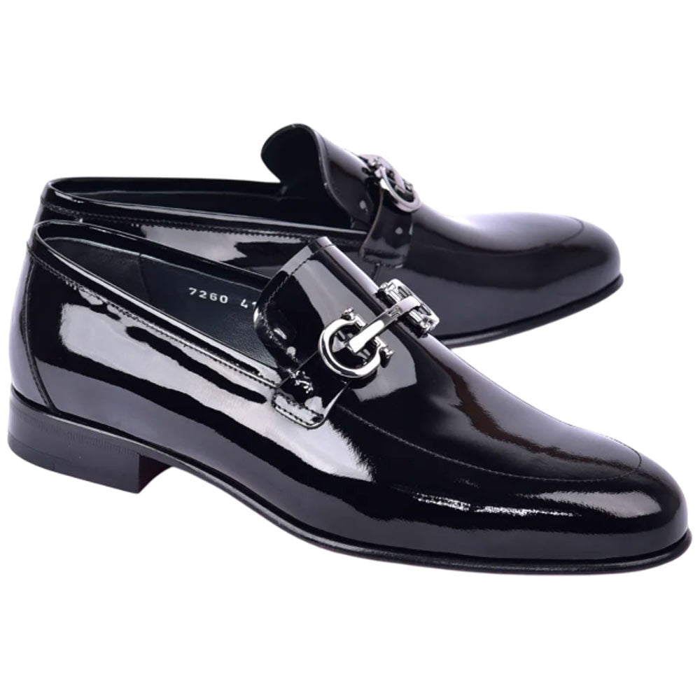 Corrente Men’s Buckled Black Patent Leather Round Toe Buckled Loafer
