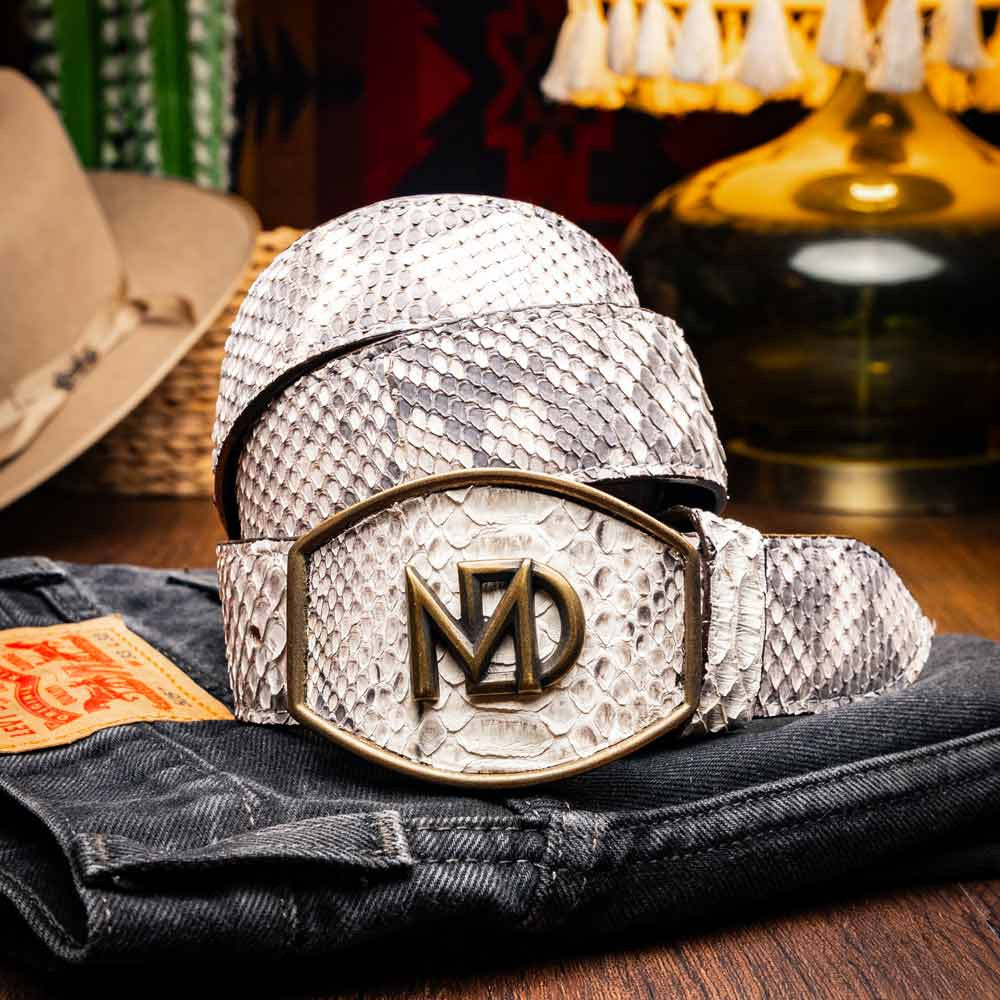 Arkansas Genuine Python Skin Western Belt in Natural with Antique Western Buckle | Marco Di Milano Exotic Belt