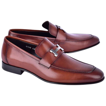 Corrente Men’s H Buckle French Calfskin Tan Almond Toe Loafer