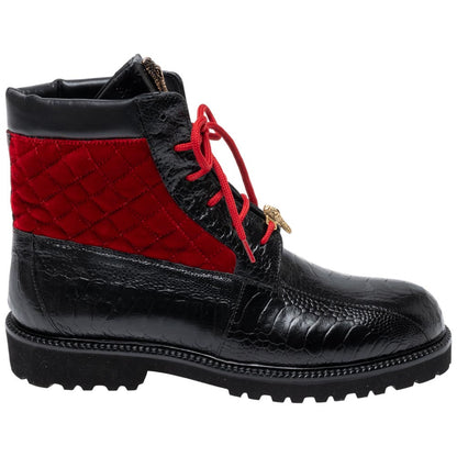 Mauri Men's Ostrich Leg & Quilt Velvet HAWK Black/Red Combat Boots (US Men Size)