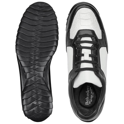 Belvedere Corvo Black & White Genuine Ostrich Leg Casual Sneakers (USA Men Size)
