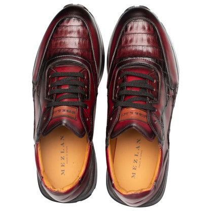 Mezlan Beckton Men's Burgundy Patina Calfskin & Crocodile Dress Sneaker - Handmade in Spain