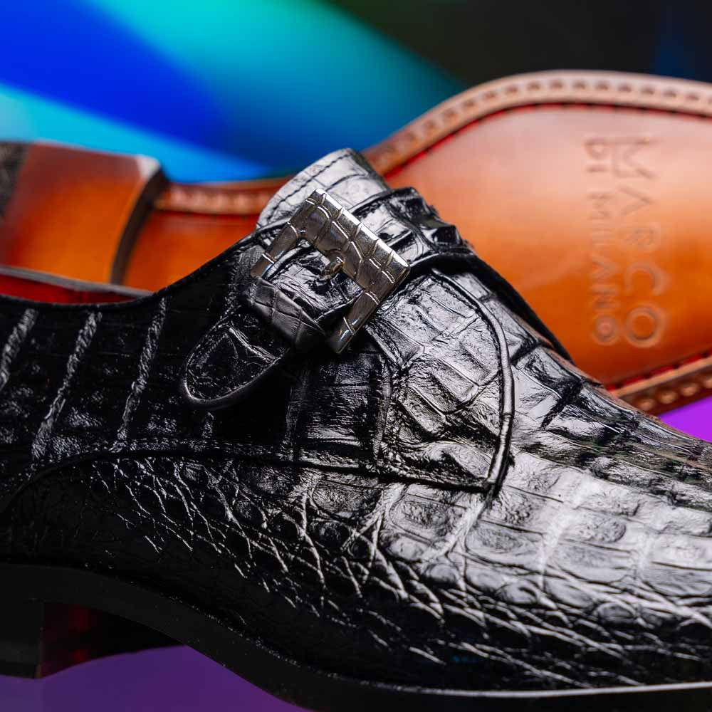 Rovigo Black Men’s Genuine Caiman Crocodile Dress Monk Strap | Marco Di Milano