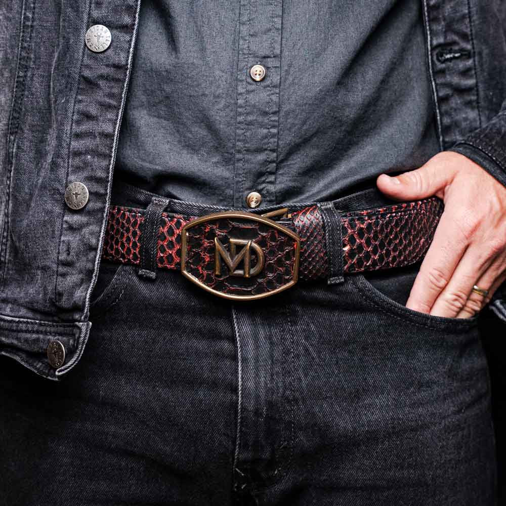 Arkansas Genuine Python Skin Western Belt in Black Cherry with Antique Western Buckle | Marco Di Milano Exotic Belt