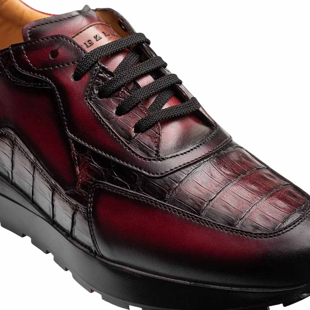 Mezlan Beckton Men's Burgundy Patina Calfskin & Crocodile Dress Sneaker - Handmade in Spain